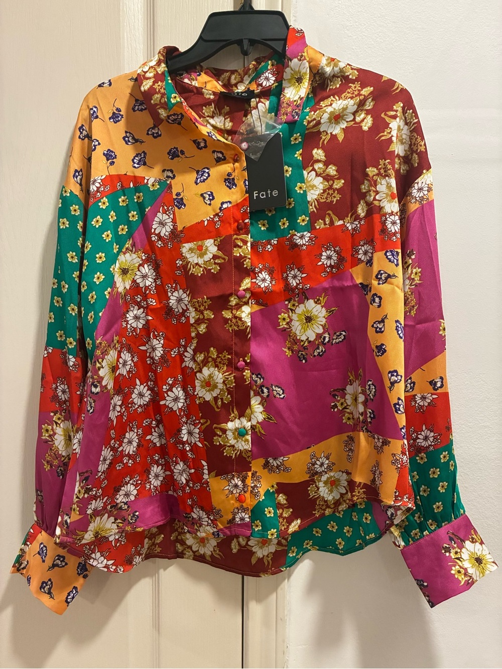 Fate Multicolor Floral Patchwork Button-Down Blouse Small New